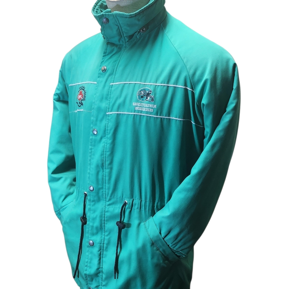 Vintage 90s Saskatchewan Rough Riders Cfl Football Green Long Jacket Lined Puffy
